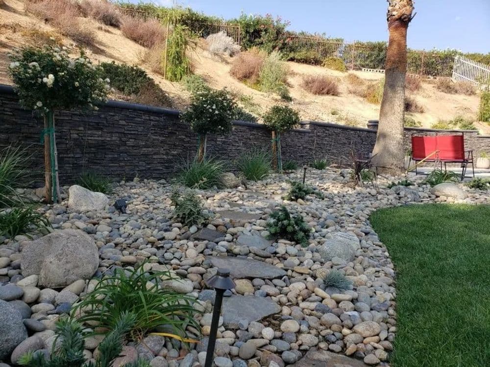 Landscaped garden featuring rocks, plants, and a stone wall with a sunny hillside backdrop.