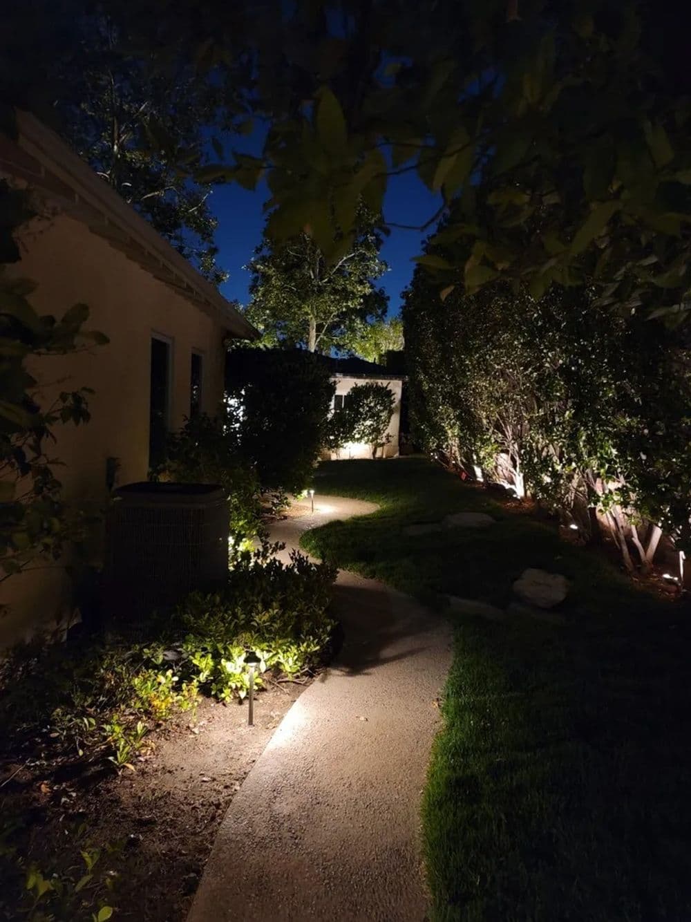 Nighttime garden pathway illuminated by soft lights, lined with lush greenery.