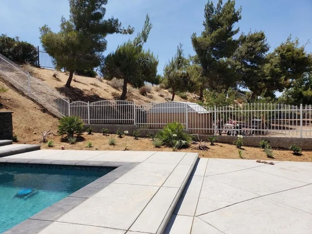 A backyard pool area with landscaped greenery and fencing in a sunny setting.