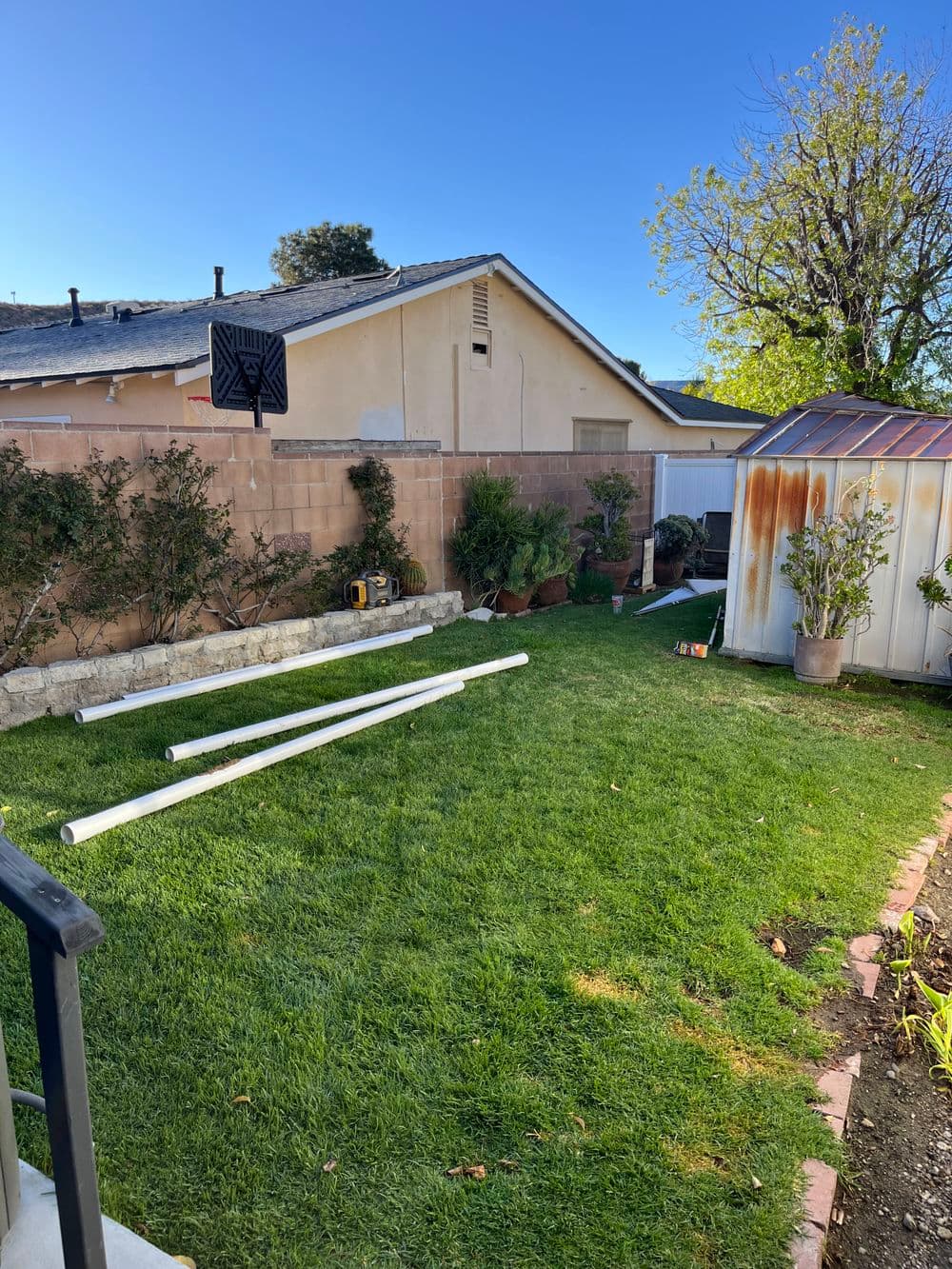 Backyard scene featuring green lawn, white pipes, a storage shed, and clear blue sky.