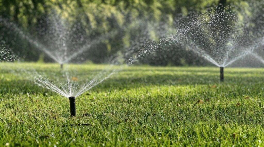 A sprinkler system sprays water over a lush green grassy field, creating a refreshing mist in the air.