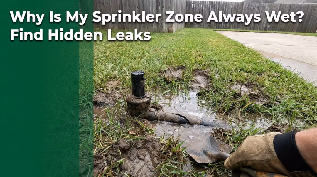 A lush green lawn area consistently wet from a nearby sprinkler system, indicating regular watering.