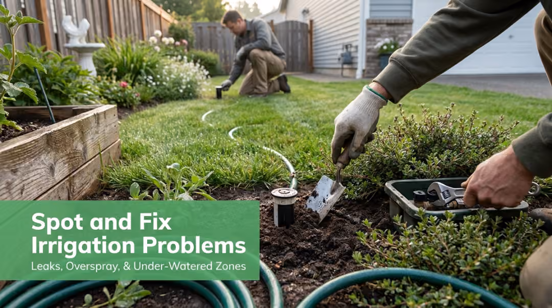 A technician inspecting an irrigation system for leaks and malfunctions in a garden setting.