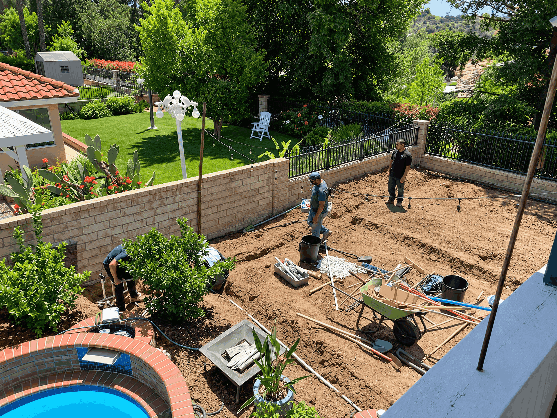 A group of men collaborating on landscaping tasks in a backyard, surrounded by greenery and gardening tools.