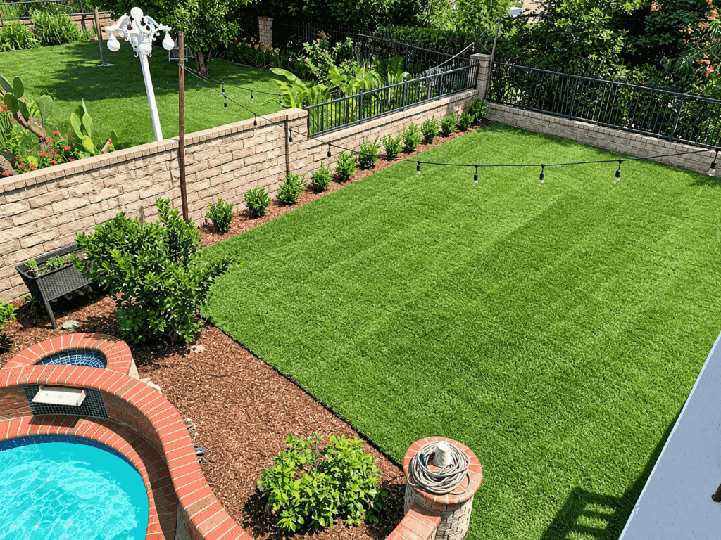 A backyard featuring a swimming pool surrounded by a well-maintained lawn and garden area.