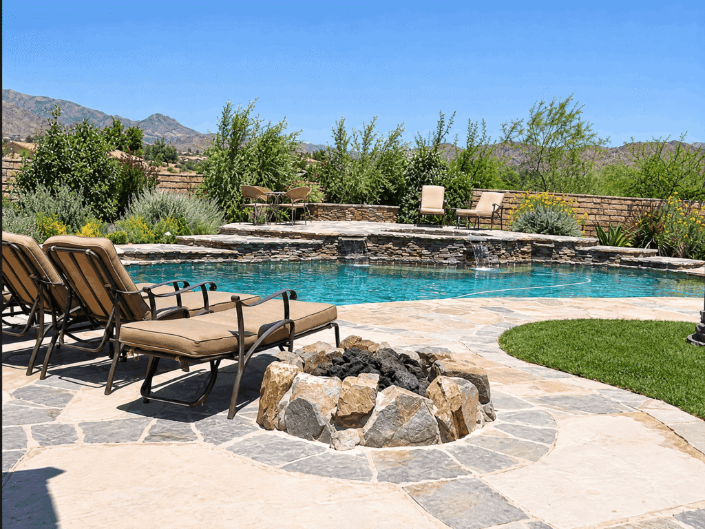 A backyard scene featuring a fire pit surrounded by comfortable lounge chairs, ideal for outdoor gatherings.
