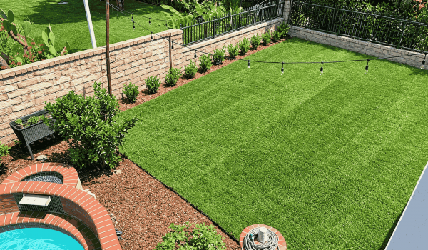 A backyard featuring a swimming pool surrounded by a well-maintained lawn and garden area.