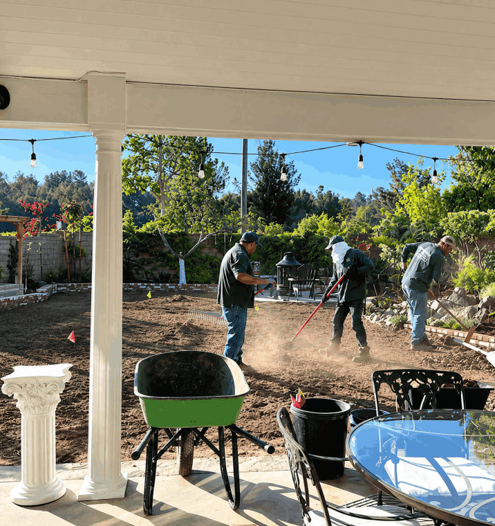 A diverse group of individuals collaborating on landscaping and gardening tasks in a backyard setting.