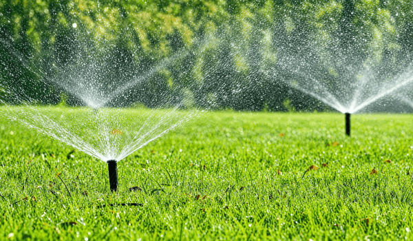 Water sprinklers spraying water over a lush green grassy field under a clear blue sky.