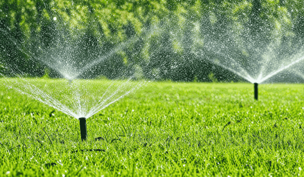 Water sprinklers spraying water over a lush green grassy field under a clear blue sky.